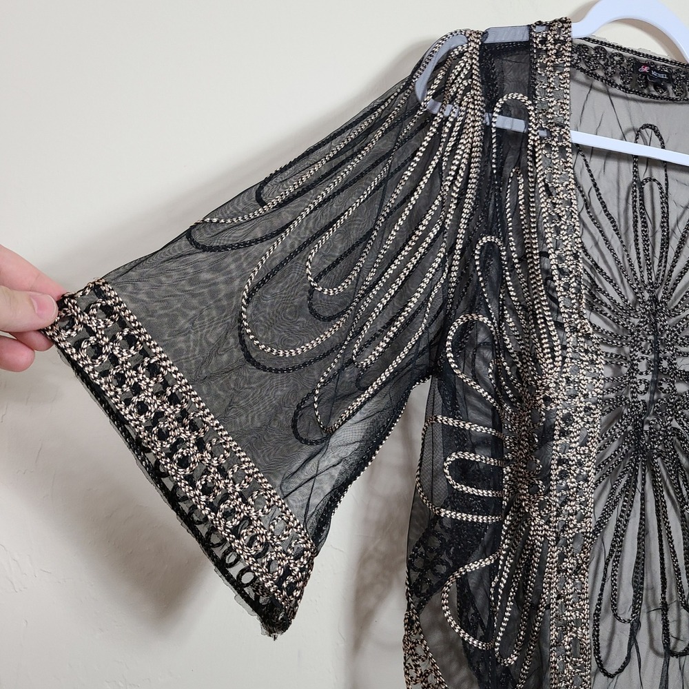 Black Gold Embroidered Sheer Womens S/M Shrug‎ Art Deco Mesh Gatsby 1920s Boho - Picture 2 of 11